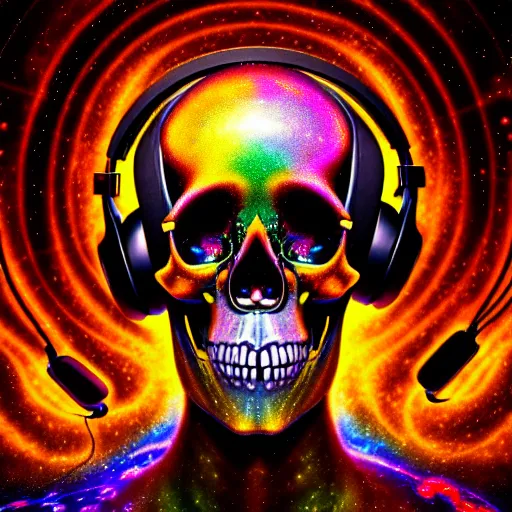 Image similar to portrait of a fantasycore glitchcore deformed skull wearing headphones. intricate abstract. intricate artwork. celestial. prismatic, by josephine wall, pixar, ghibli. octane render, CGSociety very coherent symmetrical artwork. cinematic, hyper realism, high detail, octane render, 8k, holographic accents