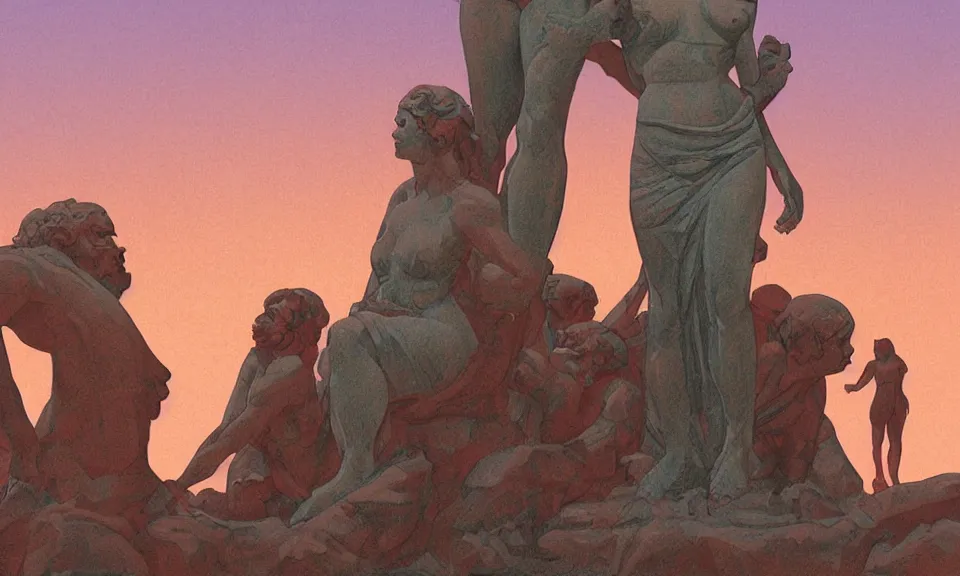 Prompt: digital painting of people revering at the base of a greek sculpture a beautiful massive female statue surrounded by dreamy coral, sunset in the desert, by syd mead and jack kirby, color scheme, concept art