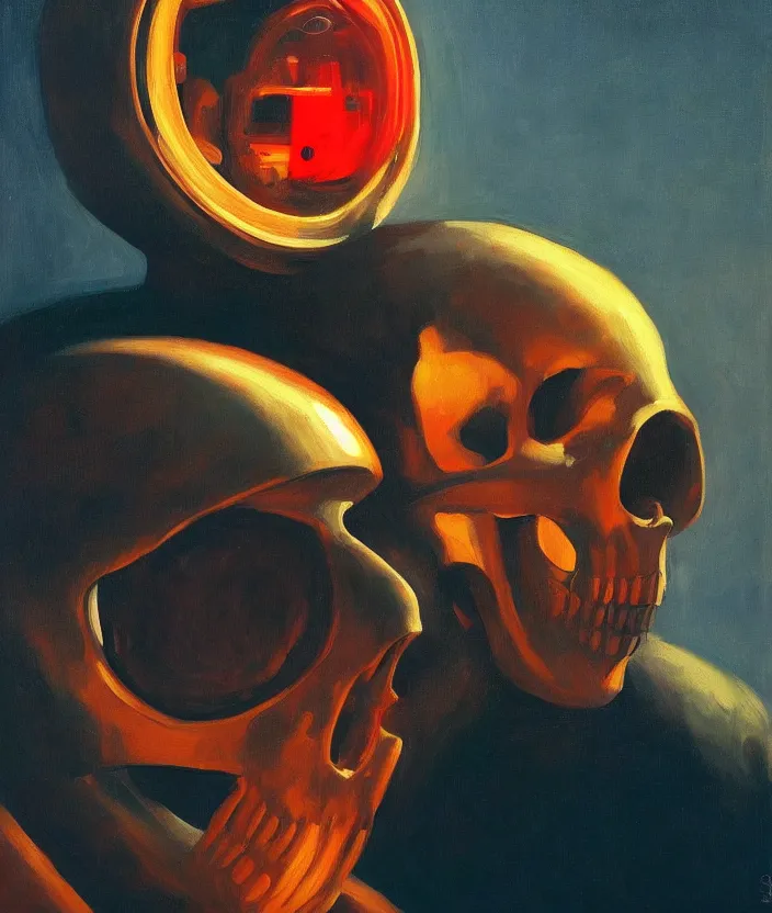 Image similar to a portrait of an astronaut with a skull head, cinematic and highly detailed oil painting by edward hopper, oil painting masterpiece, symmetry, mysterious, very aesthetic, cinematic and dramatic red light, 4 k,