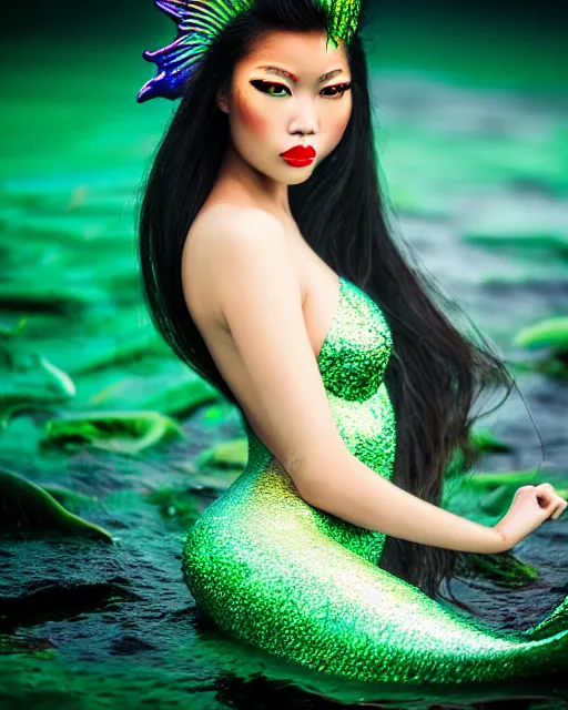 Image similar to medium closeup shot, flash long exposure photography of asian mermaid fashion posing in the lake by peter kemp, sharp focus, high details