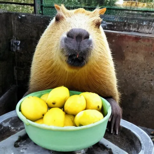 Image similar to capybara eating lemons, sitting in a tub of lemons, happy capybara