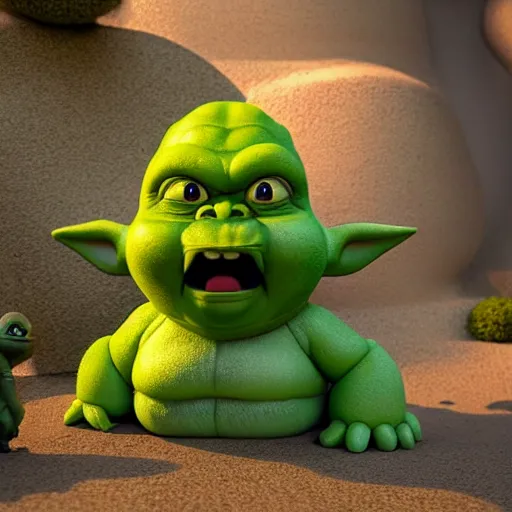 Image similar to super mario godzilla yoda donkey kong pikachu yeti shrek spongebob homer groot, highly detailed, extremely high quality, hd, 4 k, 8 k, professional photographer, 4 0 mp, lifelike, top - rated, award winning, realistic, detailed lighting, detailed shadows, sharp, no blur, edited, corrected, trending