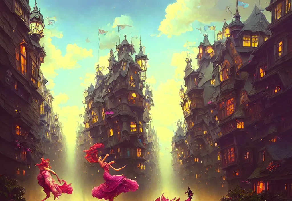 Image similar to funk dance girls going crazy on the street layered clouds, deep focus, fantasy, intricate, elegant, highly detailed, digital painting, artstation, concept art, matte, sharp focus, illustration, hearthstone, art by rhads and artgerm and greg rutkowski and alphonse mucha. gediminas pranckevicius