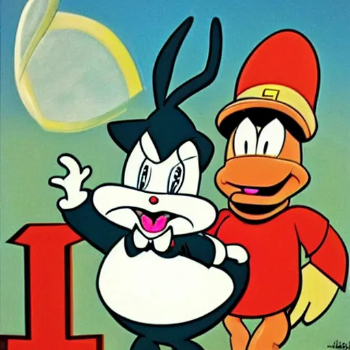 Prompt: bugs bunny, daffy, porky pig, soviet propaganda style,