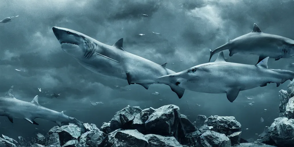 Image similar to hundred sharks seen from a rocky shore, waves, blood in the water, cinematic light