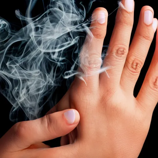 Image similar to a normal female hand with five fingers and ring hold joint, a cigarette between the middle and index fingers, a cigarette, smoke