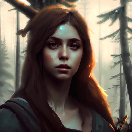 Prompt: a pretty girl surrounded by wolves, in the woods, digital painting, photorealistic, in the style of greg rutkowski, full body, detailed face, sharp, unreal engine 5