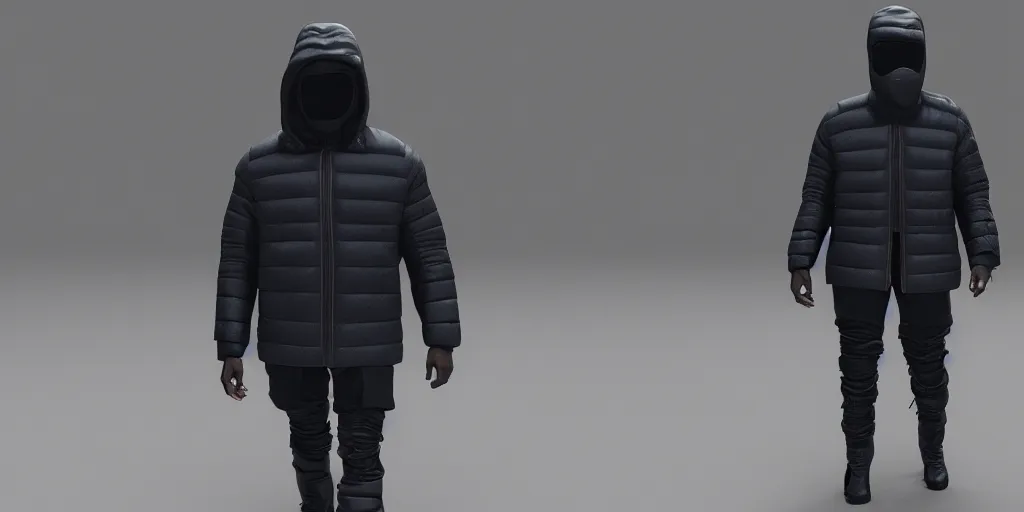 Image similar to kanye west using a full face covering black mask, a small, tight, undersized reflective bright blue round puffer jacket made of nylon, reflective jeans pants made of nylon and big black balenciaga rubber boots in 3 d, blender, octane render, 3 d render, realistic, unreal engine, trending on sketchfab, studio light, 4 k, 8 k