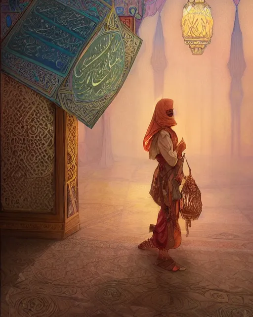 Image similar to a bedouin child infront of an big open quran highly detailed, gold filigree, romantic storybook fantasy, soft cinematic lighting, award, disney concept art watercolor illustration by mandy jurgens and alphonse mucha and alena aenami, pastel color palette, featured on artstation