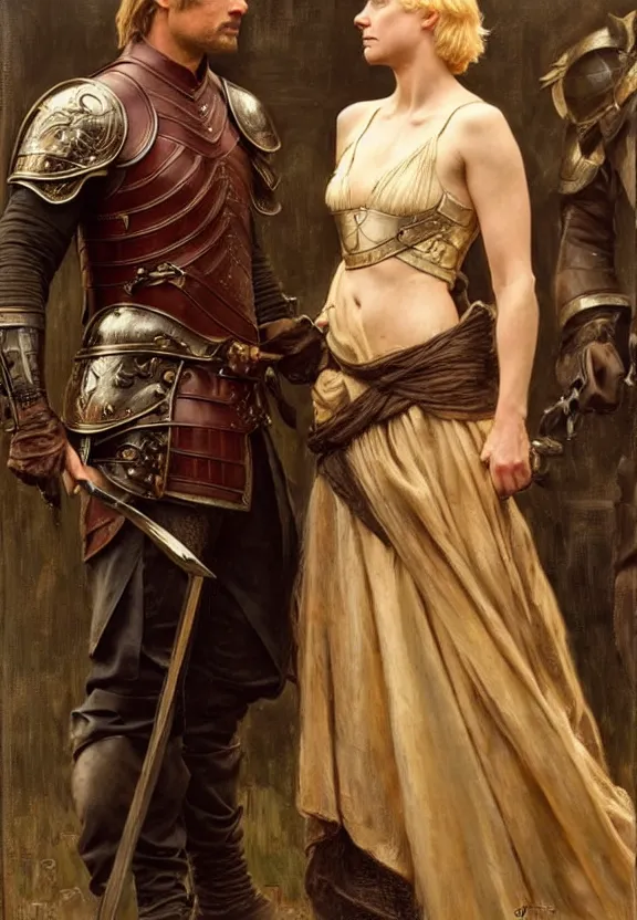 Image similar to attractive handsome fully clothed jaime lannister confesses his love for attractive fully armored brienne of tarth. highly detailed painting by gaston bussiere and j. c. leyendecker 8 k