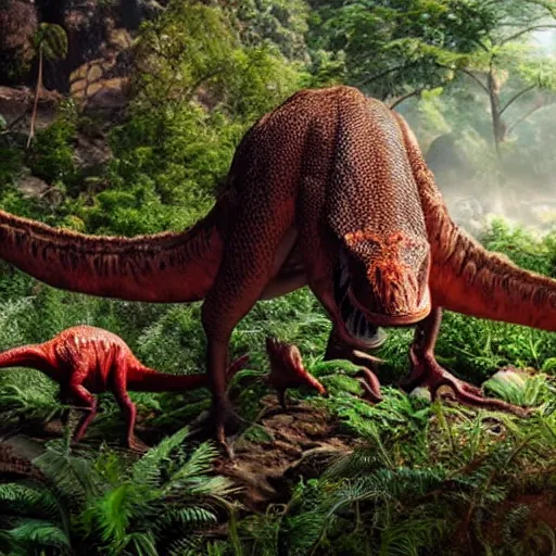 Image similar to 8 k hd detailed octane render of dinosaurs roaming the jungle