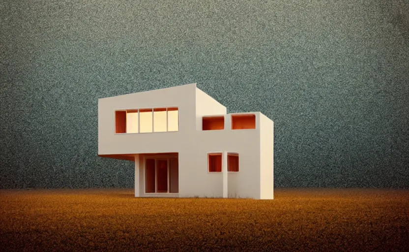 Prompt: one single stand alone huge hyperdetailed minimalist home, seen from the long distance, at night. in a wood made of paper and plastics. maximalist unexpected elements. free sky in plain natural warm tones. 8 x 1 6 k hd mixed media 3 d collage in the style of a childrenbook illustration in pastel tones. matte matte background. no frame hd