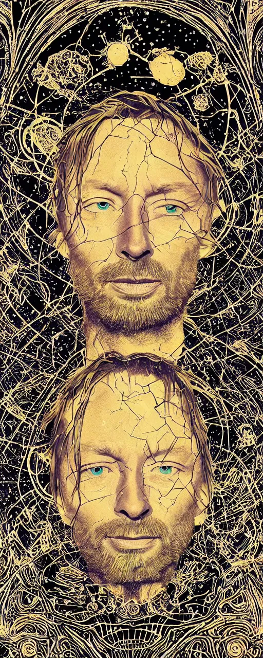 Image similar to disco diffusion portrait of Thom Yorke, on the moon:: cosmic tarot card, intricate fractal details, golden lines, broken reality, fanciful floral mandelbulb, black paper, style of wes anderson