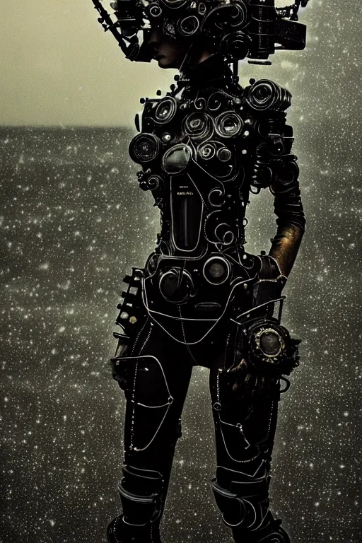 Image similar to mystic landscape, abstract black leather, gear mecha, beautiful woman body, detailed acrylic, grunge, intricate complexity, photo by greg rutkowski, high fashion, and by alberto giacometti, peter lindbergh