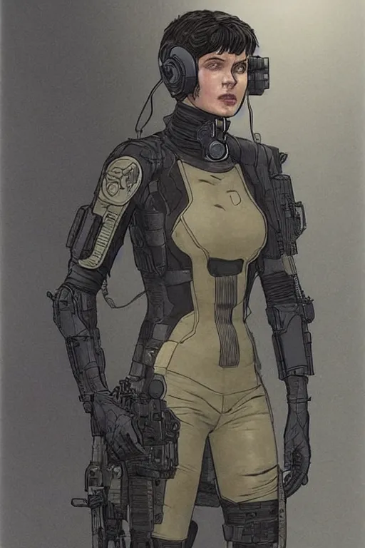 Image similar to selina. blackops mercenary in near future tactical gear, stealth suit, and cyberpunk headset. Blade Runner 2049. concept art by James Gurney and Mœbius.