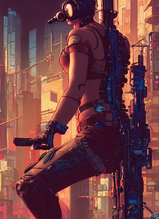 Image similar to cyberpunk mercenary. hiding in allyway. portrait by mœbius and will eisner and gil elvgren and pixar. realistic proportions. cyberpunk 2 0 7 7, apex, blade runner 2 0 4 9 concept art. cel shading. attractive face. thick lines.