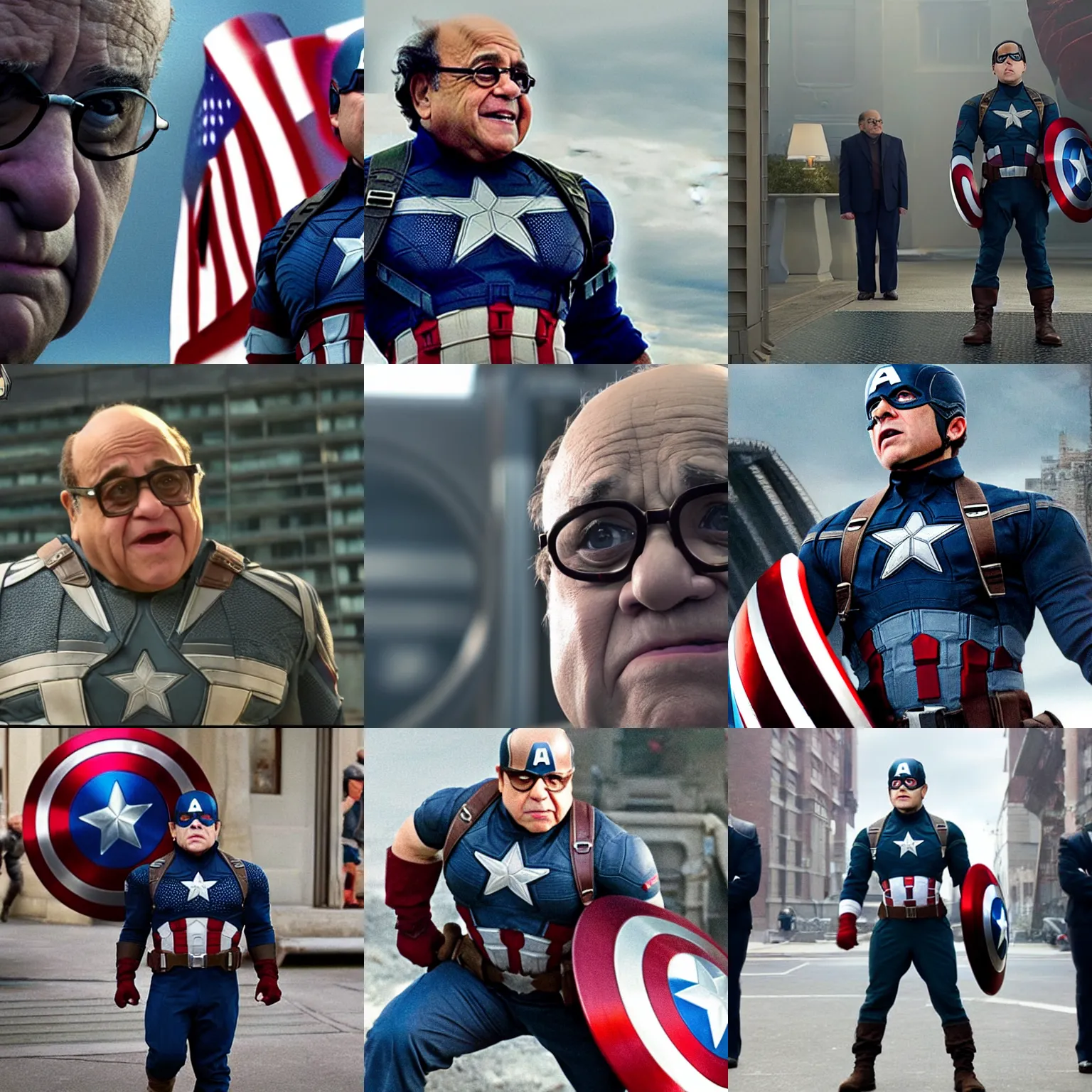 Prompt: a screenshot of danny devito as a very short captain america in the avengers. 8 k. very detailed