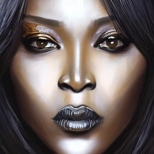 Image similar to beautiful, very strong, naomi campbell, middle aged, face, no makeup, no tattoos, warrior, battle hardened, head shot, fantasy, highly detailed, digital painting, artstation, concept art, smooth, sharp focus, illustration, art by jodie muir and brom