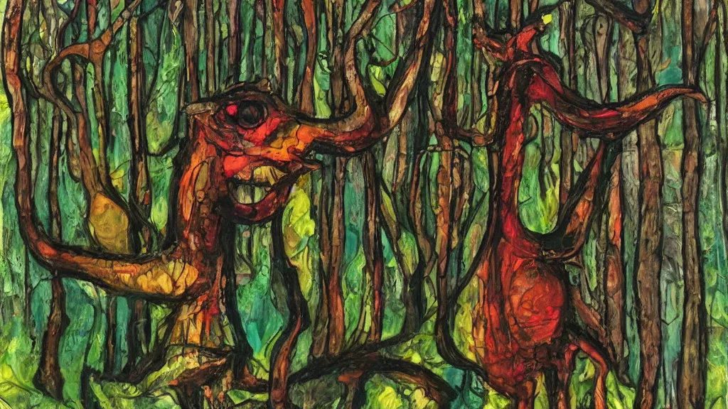 Prompt: a creature in the woods neo - expressionism