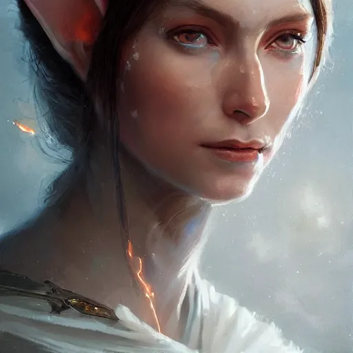Prompt: A detailed oil portrait of an elf woman with small copper horns wearing a simple white robe, by greg rutkowski, trending on artstation, dungeon and dragons art