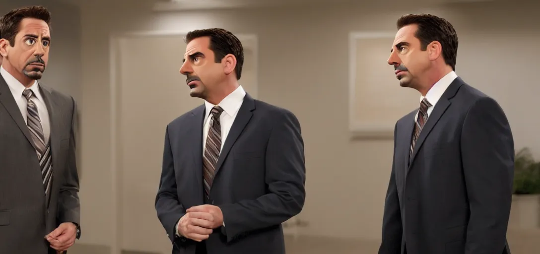 Prompt: a very high resolution image of tony stark and micheal scott. from an episode of the office. photorealistic, photography