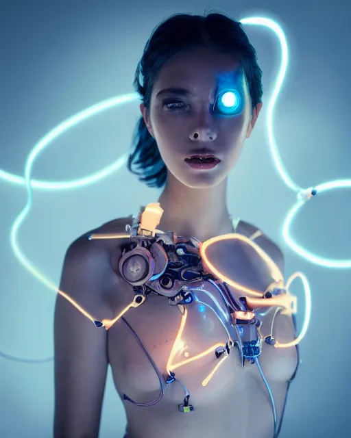 Image similar to photo of dreamy female as a solarpunk cyborg with fluorescent lamps around face, robotic body parts around neck and shoulders, real human face with clean skin, ultra - realistic and detailed, long exposure, soft focus hdr 8 k