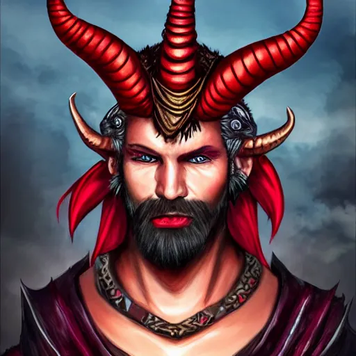 Image similar to dnd style portrait of a tiefling, male, red scales, red skin, a big black beard, completely golden eyes, 2 black ram horns growing out of his forehead,