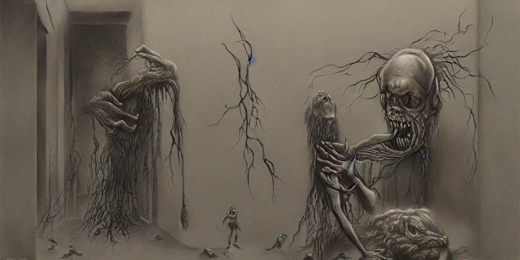 Prompt: monsters inc, zdzisław beksinski, horror