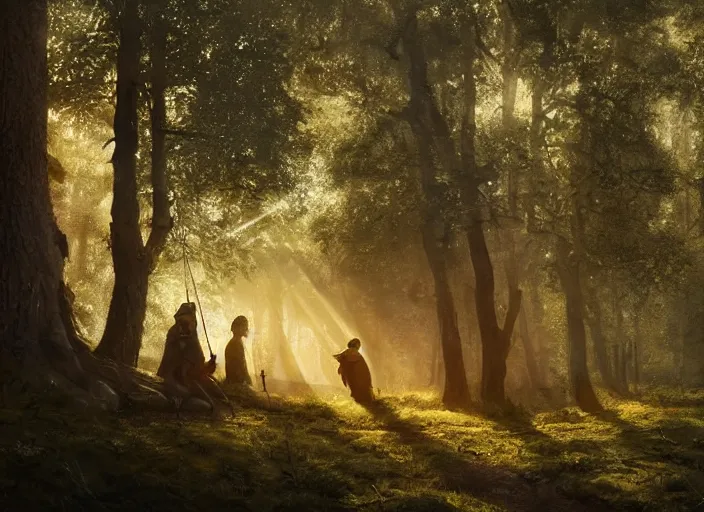 Prompt: close up cinematic artwork of Robin Hood at his camp in Sherwood forest, dusk, sun rays through the trees by Greg Rutkowski, 4k, masterpiece