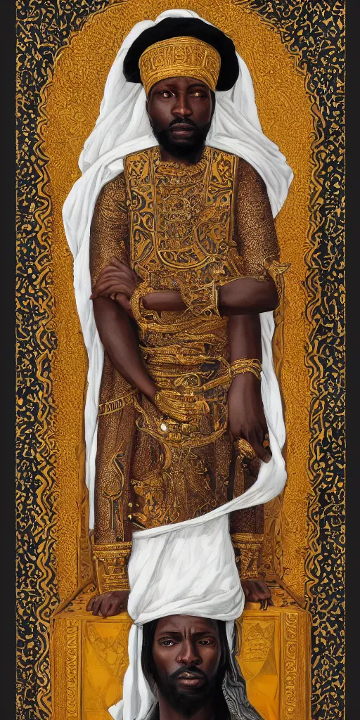 Image similar to a stunning and noble highly detailed romantic period style portrait of mansa musa by josep tapiro baro and harles sillem lidderdale, trending on artstation, oil painting masterpiece, symmetry, rule of thirds, mysterious, photorealistic, very very very aesthetic, african iconography