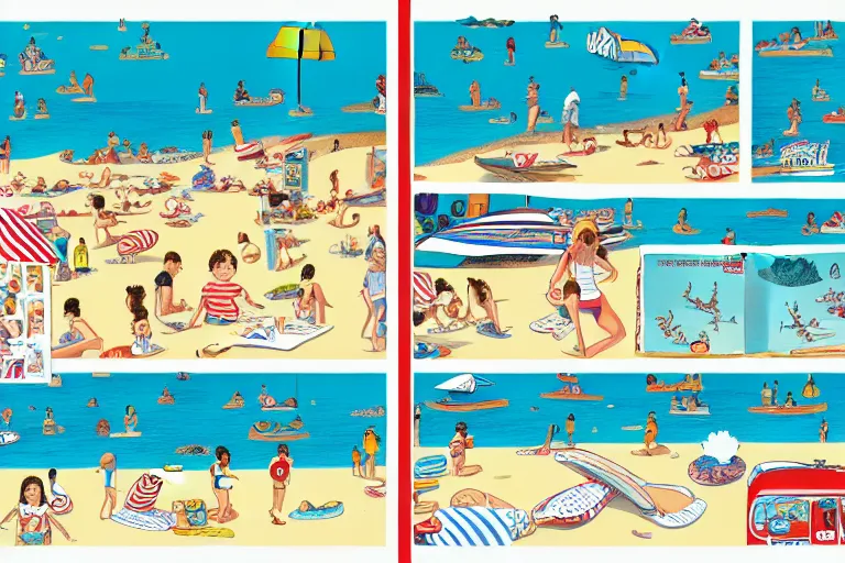 Image similar to a full page spread from the where's waldo at the beach book, waldo in the top right of frame, high detail illustration, coherent