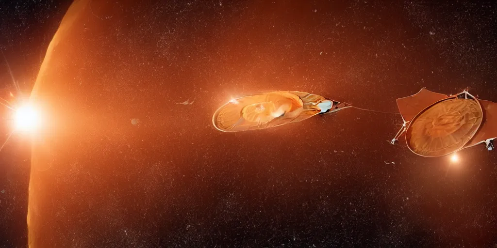 Image similar to close up of a solar sail probe entering a solar system carrying a dead alien. The probe is from an isolated star in a thick dust cloud, highly detailed, desolate, cinematic, UE5, 8K, 4K