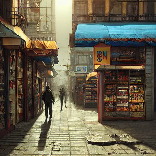 Prompt: A fantasycore photograph of a convenience store with photograph of 2099 portugal lisbon on the street of a very highly detailed eldritch city digital rational painting art by Greg Rutkowski, sci-fi highly detailed, digital concept art, Dimensional cyan gold natural light, sharp focus, realistic concept art by Eta Cru and James Gurney and Donato Giancola, Blade Runner 2049 rendered in Octane Render