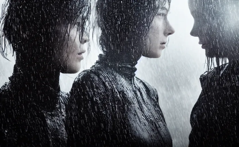 Image similar to cinestill 5 0 d candid photographic portrait by christopher nolan of two loving female androids wearing rugged black mesh techwear in treacherous waters, extreme closeup, modern cyberpunk moody emotional cinematic, pouring rain menacing lights, 8 k, hd, high resolution, 3 5 mm, f / 3 2, ultra realistic faces, ex machina