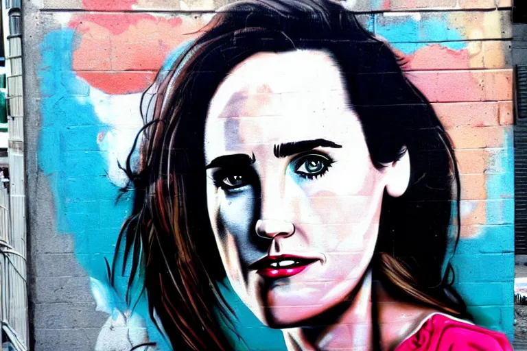 Image similar to Street-art portrait of Jennifer Connelly (1990), in style of Seaty