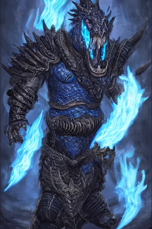 Image similar to a D&D character of a dark blue dragonborn with large tusks, half of his face flaming with blue flame, he wears a black dragon scales armor, D&D art