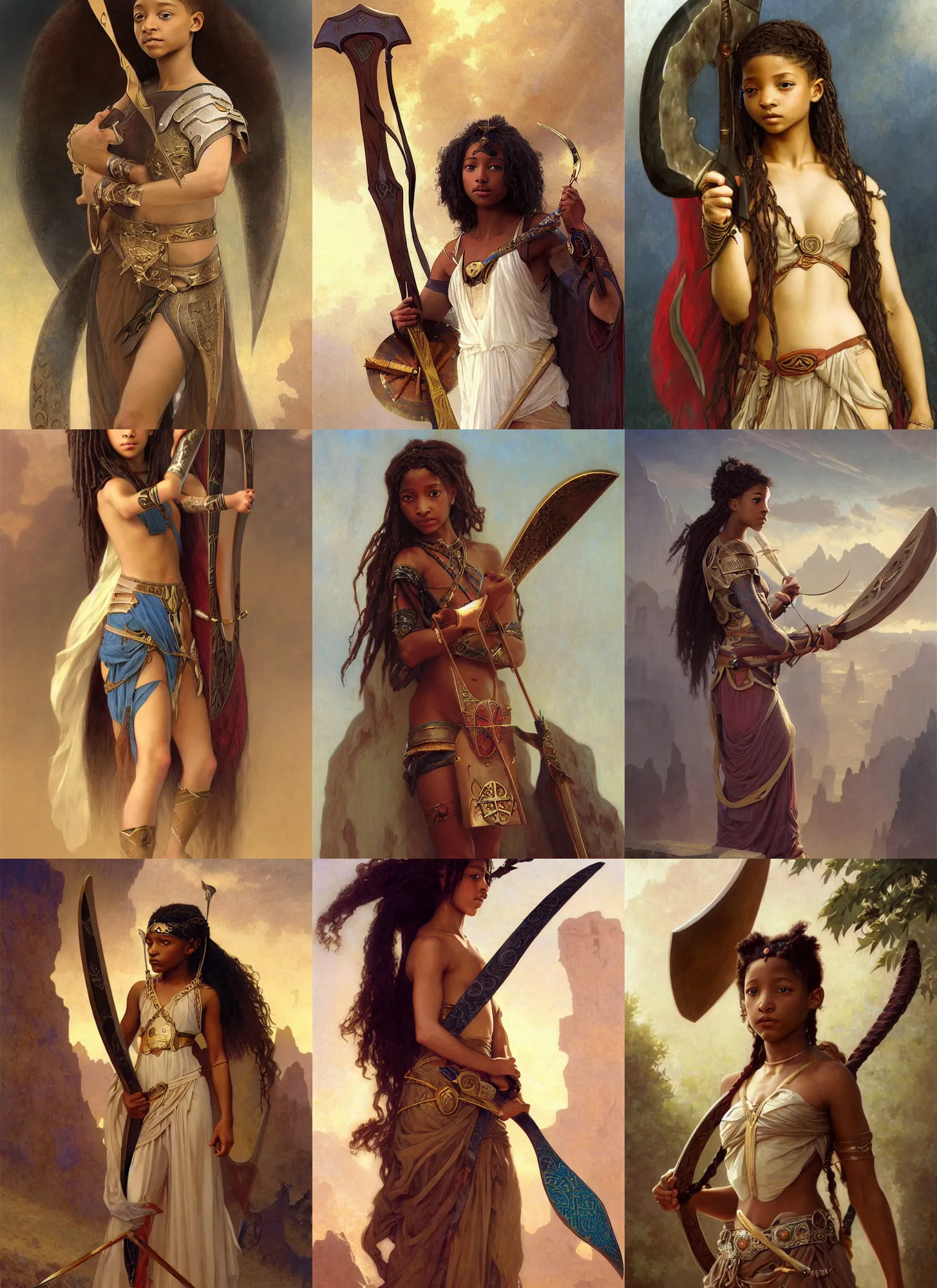 Prompt: willow smith young, ancient libu princess, holdin khopesh and shield, highly detailed, artstation, concept art, sharp focus, illustration, orientalism, bouguereau, briclot, rutkowski, mucha