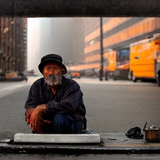 Image similar to closeup portrait of a fisherman fishing next to a manhole in a smoky new york street, by Annie Leibovitz and Steve McCurry, natural light, detailed face, CANON Eos C300, ƒ1.8, 35mm, 8K, medium-format print