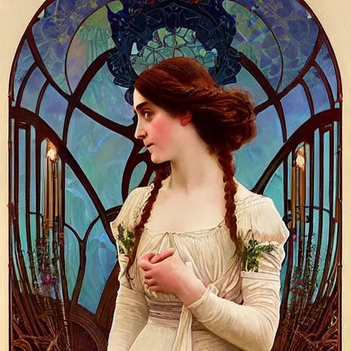 Image similar to a detailed, intricate art nouveau portrait painting of a girl who resembles 1 8 - year - old saoirse ronan and emma watson in a white bridal gown, in a garden of fireflies and glowing lanterns at night, by alphonse mucha, donato giancola, and john william waterhouse