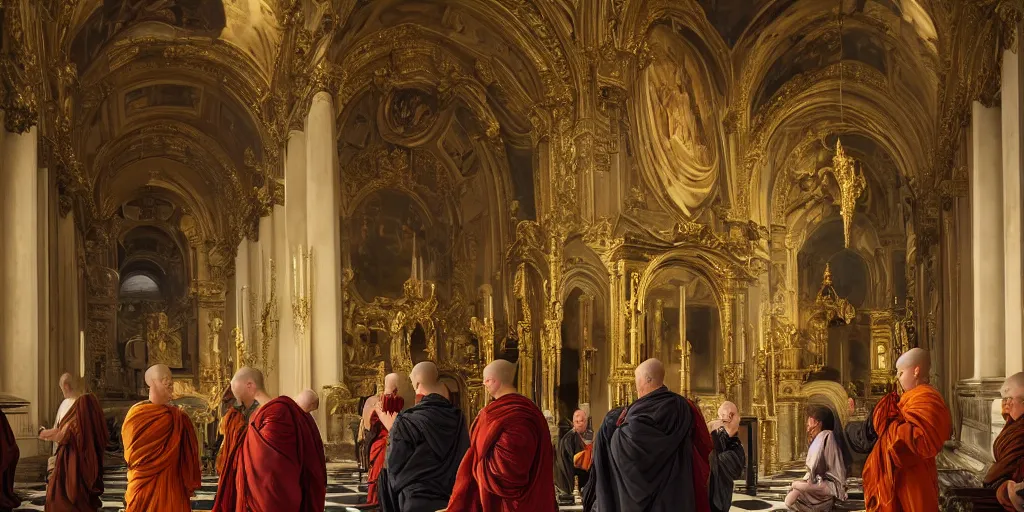 Image similar to beautiful oil matte portrait painting, monks holding a church ceremony inside a baroque cathedral, wonderful masterpiece highly detailed, beautiful cinematic light deep focus, elegant, digital painting, smooth, sharp focus, golden ratio, dramatic illumination, ultra realistic, 8 k, art by giovanni bellini and caravaggio