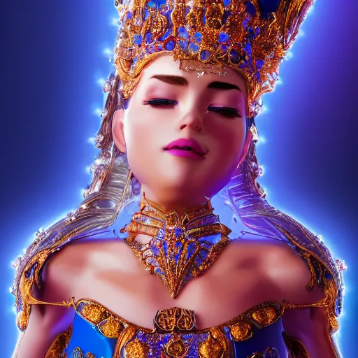 Image similar to photo of wonderful princess of sapphire with fair skin, she has her eyes closed, glowing, ornate and intricate blue jewelry, jaw dropping beauty, glowing background lighting, blue accent lighting, hyper detailed, award winning photography, 4 k octane render
