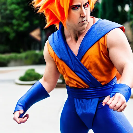 Prompt: nicholas cage wearing a goku from dragon ball z cosplay. photography. 4 k. photoshoot. full body.