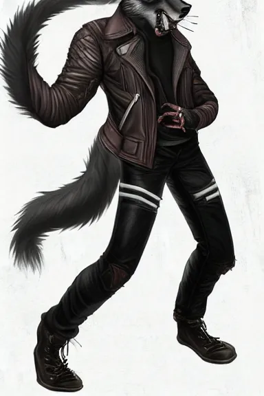 Image similar to A wolf-fox hybrid with a small head wearing a leather jacket and leather jeans and leather gloves, trending on FurAffinity, energetic, dynamic, digital art, highly detailed, FurAffinity, high quality, digital fantasy art, FurAffinity, favorite, character art