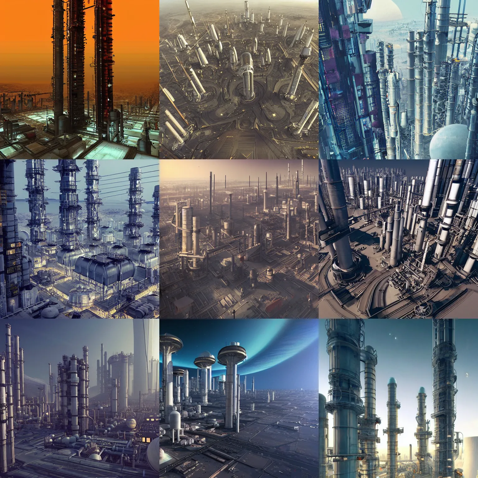 Prompt: vertical cyberpunk city built on top of a methane refinery on saturn's moon titan / hyper realistic