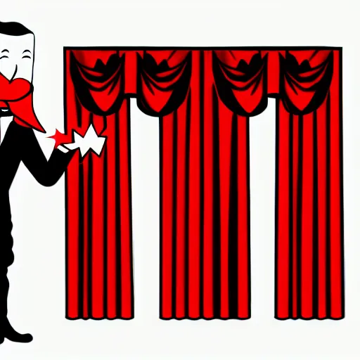 Prompt: red curtain, archives, decibel, puppet, capitalism, mouth shut, fortune, tuxedo