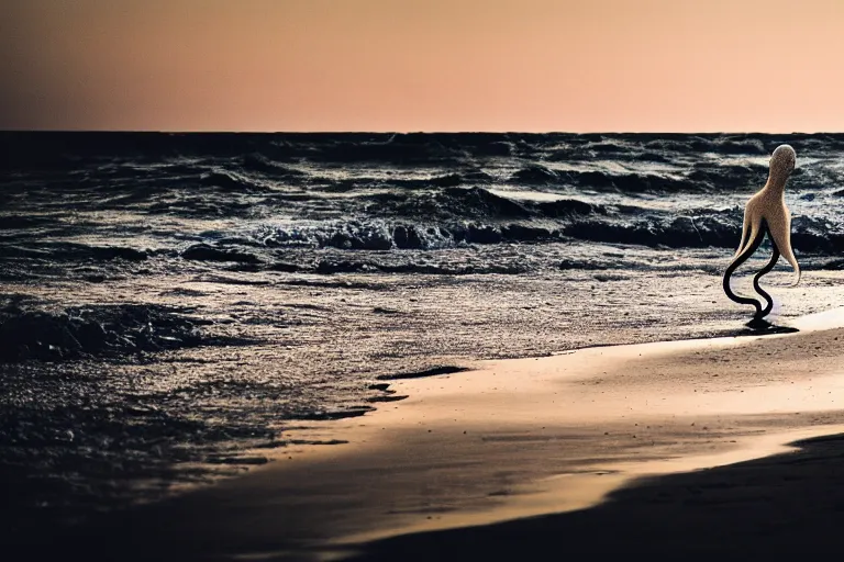 Image similar to photography of a gigantic white octopus walking at the shore of the beach, outside the water, national geographic, evening, award winner, nature