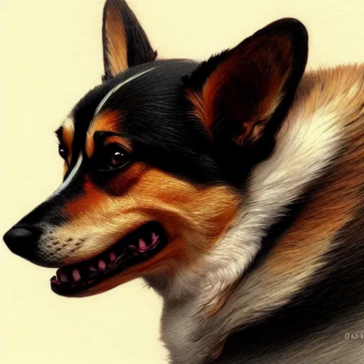 Prompt: A corgi like a hellhound, D&D, dark fantasy, intricate, elegant, highly detailed, digital painting, artstation, concept art, smooth, sharp focus, illustration, art by artgerm and greg rutkowski and alphonse mucha