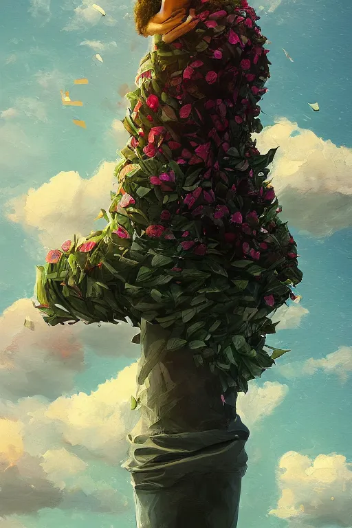 Prompt: portrait, enormous flower head, a girl standing on pillar, surreal photography, wind and cold, dramatic sky, impressionist painting, digital painting, artstation, simon stalenhag