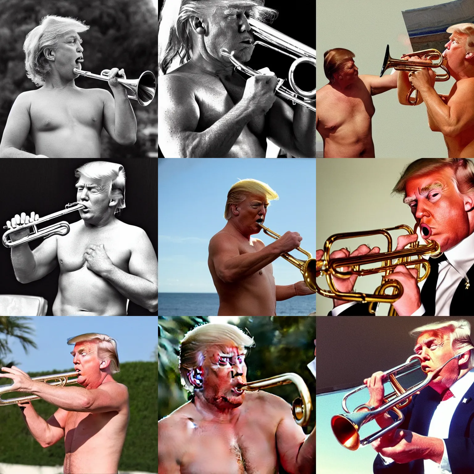 Prompt: shirtless donald trump playing the trumpet