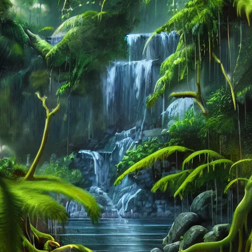 Prompt: a waterfall homogeneous to tears near a tumultuously overgrown jungle, intricately detailed oil painting, trending on artstation, cgsociety contest winner, 4 k quality